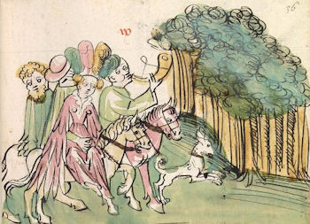 Königin Dido reitet mit Eneas zur Jagd - Bildauszug aus dem Cod. Pal. germ. 403, Straßburg, um 1419