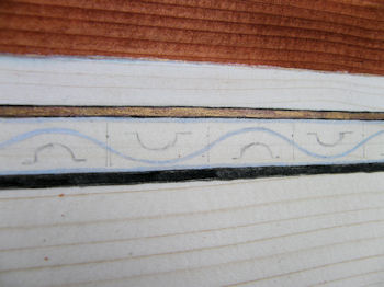 Als Dekormuster müssen eine sinusförmige Linie - ebenfalls in Silberweiß - sowie halbrundförmige Zierelemente herhalten.