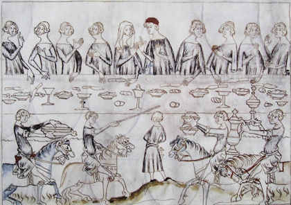 Abbildung eines Festmahles, aus der Bilderchronik über den Erzbischof Balduin von Trier, bei dem zu Pferde serviert wurde, 1. Hälfte des 14. Jahrhundert 