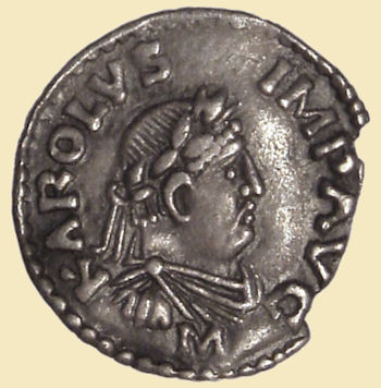 Abbildung Karl des Großen als römischer Imperator auf einem Denarius aus Mainz, um 812