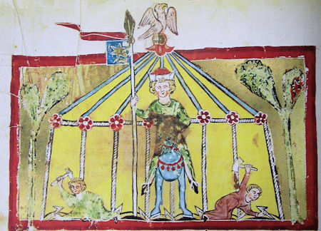 König Tybald reitet aus, während sein Zelt aufgeschlagen wird - Illustration zum Willehalm, Codex Vindobonensis 2670, um 1320