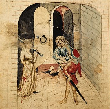 Eine Zweideutigkeit eindeutig ausgelegt: Kriemhild präsentiert Hagen den Kopf ihres Bruders Gunther, Abbildung, Hundshagenscher Kodex, um 1440