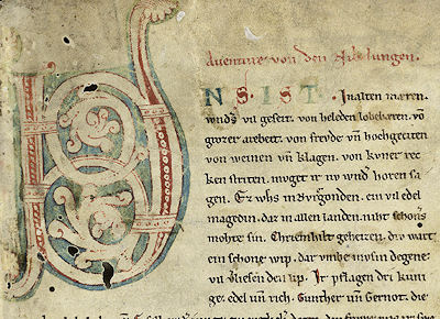 Kopf der ersten Blattes des Nibelungenliedes, Handschrift C, 13. Jhdt.