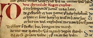 Kriemhild empfängt Hagen - Andeutungen allenthalben; Ausschnitt aus der Nibelungenhandschrift A, vor 1280