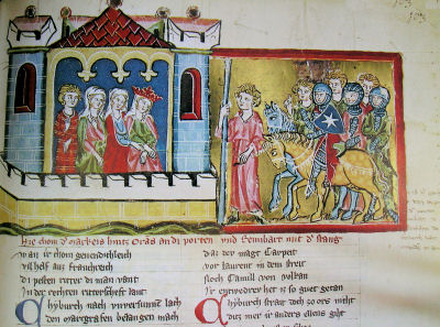 Prächtige illustrierte Handschriften entstanden, in denen sich Selbstbewusstsein und Lebensgefühl des Adels ausdrückten - Willehalm Codex 2670.