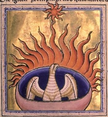 Der Phönix verbrennt im Feuer, Buchmalerei, Aberdeen Bestarium, um 1200