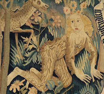 Verwilderter Waldmensch, Ausschnitt eines Wandteppiches, der Szenen der Mär 'Der Busant' darstellt, Ende 15. Jhdt.
