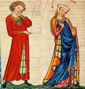 Herr Gottfried von Neifen in weiblicher Gesellschaft, Abbildung aus dem Codex Manesse