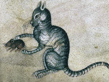 Katze mit Maus: Ausschnitt einer Illustration des Luttrell-Psalters; England, um 1340 