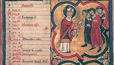 Kalender: Teilabbildung der Dezemberseite mit den durch Buchstaben gekennzeichneten Wochentagen, Psalter der Hl. Elisabeth, um 1215