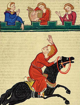 Der wilde Alexander reitet vom Hof; Abbildung aus dem Codex Manesse