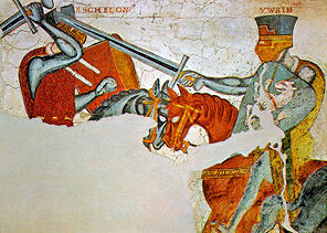 Iweins Kampf mit Askalon ... Ausschnitt aus dem Freskenzyklus von Burg Rodenegg