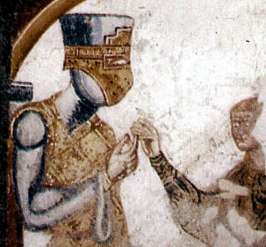 Lunete steckt Iwein den Tarnring an den Finger - Ausschnitt aus dem Freskenzyklus von Burg Rodenegg