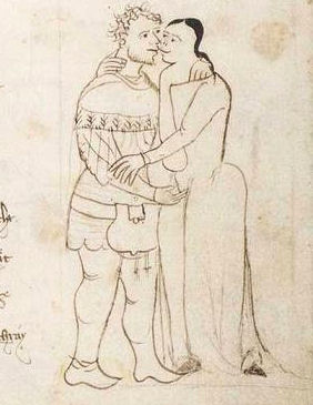 Ein schönes Paar: Berti mit seiner Holden Mätzli ..., Abbildung aus der Meininger Handschrift des Rings, um 1410/20