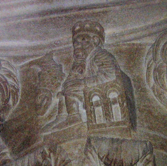 Darstellung des Fischerkönigs auf einem Säulenkapitel der Templerkirche von Mensano,  Mitte des 12.Jhdts.