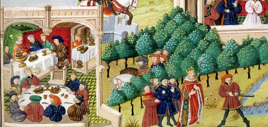 Bankett und Abenteuer an König Artus Hof, Abbildung aus einer Handschrift 'Lancelot du Lac, Poitierst, 15. Jhdt.