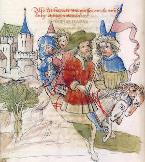 Gachmuret und sein Gefolge reisen zum Turnier nach Kanvoleis, Handschrift aus der Werkstatt Ludwig Henfflin, um 1470