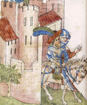 Gahmuret, Parzivals zukünftiger Vater, verläßt seine Heimat Anjou.  Cod. Pal. germ. 339, um 1445