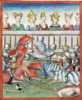 Turnierstechen vor dem Kaiser, Abbildung aus einer Lohengrinhandschrift, um 1470