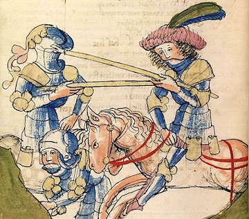 Ritterliches Stechen - Illustration zum Parzival, Werkstatt Diebold Lauber, um 1445