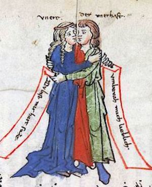 Liebespaar, Illustration aus der Heidelberger Handschrift CPG 389 des Welschen Gastes, Mitte des 13. Jahrhunderts