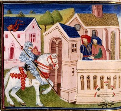 Ein fahrender Ritter wird willkommen geheißen. Abbildung aus einer Handschrift 'Lancelot du Lac, Poitierst, 15. Jhdt.
