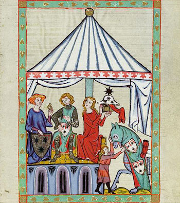 Der Minnesänger Winli genießt im Zelt die Gesellschaft zweier Damen, Codex Manesse, erstes Drittel 14. Jhdt.