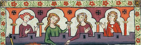 Höfische Damen - des Minnesängers liebste Themen; Ausschnitt einer Abbildung aus dem Codex Manesse, zwischen 1305 und 1340