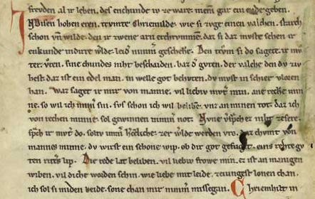 Kriemhilds Falkentraum, Ausschnitt aus der Handschrift C des Nibelungenliedes, 2. Viertel des 13. Jhdts.