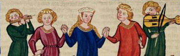 Tänzer beim Reigen, von Musikern begleitet, Abbildung aus dem Codex Manesse