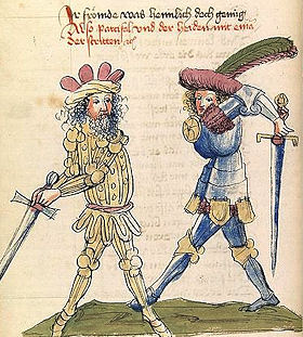 Damit das nicht passiert, ist es wichtig, über Verwandtschaftsverhältnisse Bescheid zu wissen: Parzival im Zweikampf mit seinem Halbbruder Feirefiz, Buchillustration aus der Werkstatt des Diebold Lauber, um 1445