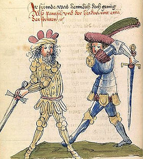 Damit das nicht passiert, ist es wichtig, ber Verwandtschaftsverhltnisse Bescheid zu wissen: Parzival im Zweikampf mit seinem Halbbruder Feirefiz, Buchillustration aus der Werkstatt des Diebold Lauber, um 1445