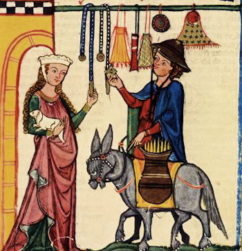 Herr Dietmar von Aist gibt einer Dame die Ehre seines Besuchs, Abbildung aus dem Codex Manesse