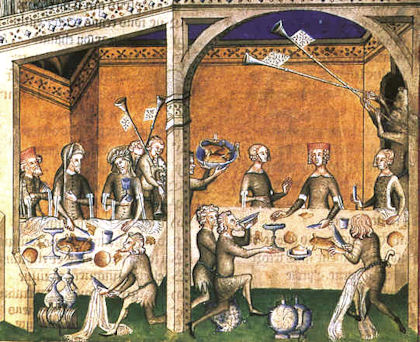 Mittelalterliches Bankett mit musikalischer Ankündigung der Speisegänge