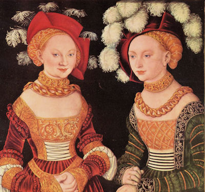 Prchtig geschmckte Mgdelein - wen gefallen sie nicht?; Ausschnitt aus einem Gemlde des Lucas Cranach d..: Portrait der Herzoginnen Sybille, Emillia und Sidonia von Sachsen, um 1535