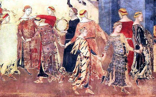 Mittelalterliche Tänzer, Freskenausschnitt 'Effetti del Buon Governo in città', Ambrogio Lorenzetti, um 1340