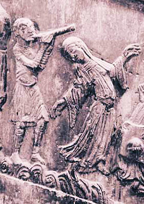 Das Steinrelief der Bernwards- oder Christussäule aus dem Hildesheimer Dom zeigt auch einen Flötenspieler, möglicherweise mit Blockflöte, der Tänzer begleitet, um 1020