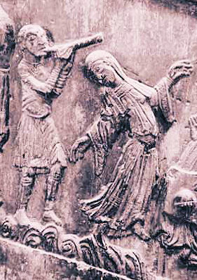 Das Steinrelief der Bernwards- oder Christussule aus dem Hildesheimer Dom zeigt auch einen Fltenspieler, mglicherweise mit Blockflte, der Tnzer begleitet, um 1020