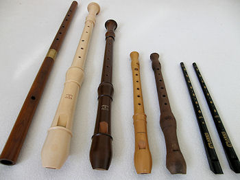 Da ist es, das Flötensortiment von Sælde und êre: von links: Traversflöte, 4 x Blockflöte (Tenor, Alt, 2 x Sopran), 2 x Tin Whistle 
