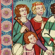 Flötenspieler auf der Darstellung von Meister Heinrich Frauenlob, Codex Manesse, 14. Jhdt.