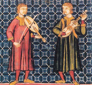 Zwei Musiker mit Fidel und Gittern (einer Vorform der Gitarre) - Illustration aus der Cantigas de Santa Maria, 2. Hälfte des 13. Jhdt.