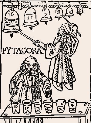 Holzschnitt aus der 'Theorica Musica' des Franchino Gaffurio (1492), das den Pythagoras bei der Harmonielehre am Glockenspiel und an Wasserglsern zeigt.