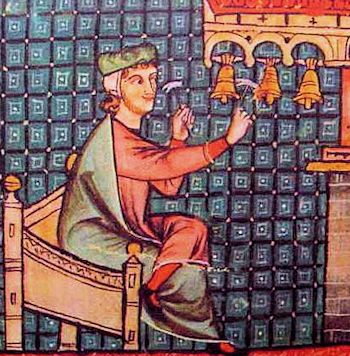 Glockenspieler spielt drei Glocken mit Hmmern, Abbildung aus den 'Cantigas de Santa Maria' Alfons X., 13 Jahrhundert