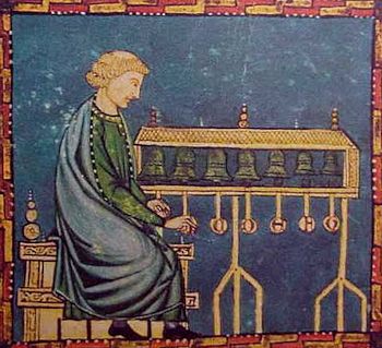 Mnch spielt mechanisiertes Glockenspiel mit sieben Glocken, Abbildung aus den 'Cantigas de Santa Maria' Alfons X., 13 Jahrhundert.