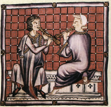 Zwei Pfeifer spielen die Schalmei - Illustration aus der Cantigas de Santa Maria, 2. Hlfte des 13. Jhdt.