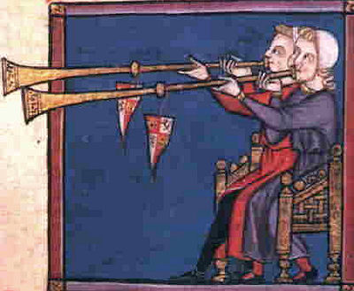 Zwei Bläser geben Signal mit der langen Tormpete - Illustration aus der Cantigas de Santa Maria, 2. Hälfte des 13. Jhdt.