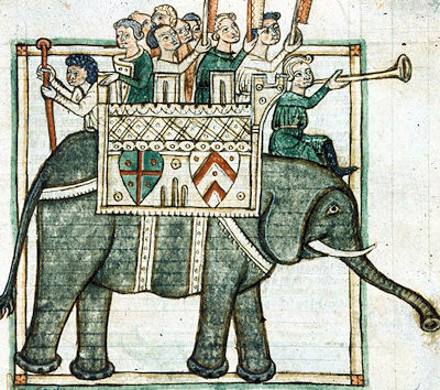 Die Trompete als Signalgeber in der Schlacht - Abbild eines (antiken) Kriegselefanten, Buchmalerei, British Library, 13. Jhdt.