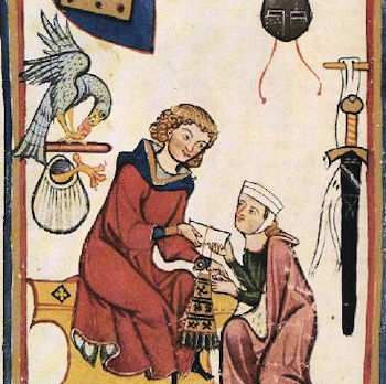 Herr Wilhelm von Heinzenburg samt Falke und Dame, Codex Manesse, erste Hälfte 14.Jhdt