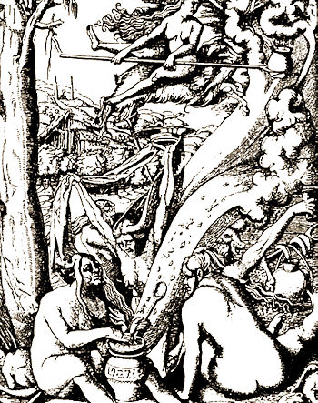 Und so geht's: Die Zubereitung der Hexensalbe; Holzschnitt von Hans Baldung Grien; 1. Hälfte 16. Jhdt