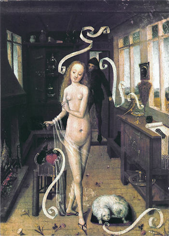 Ein Mädchen zwingt den Geliebten durch Anwendung von Zauberei in ihre Kammer herbei; Öl auf Holz, um 1470, unbekannter niederrheinischer Meister
